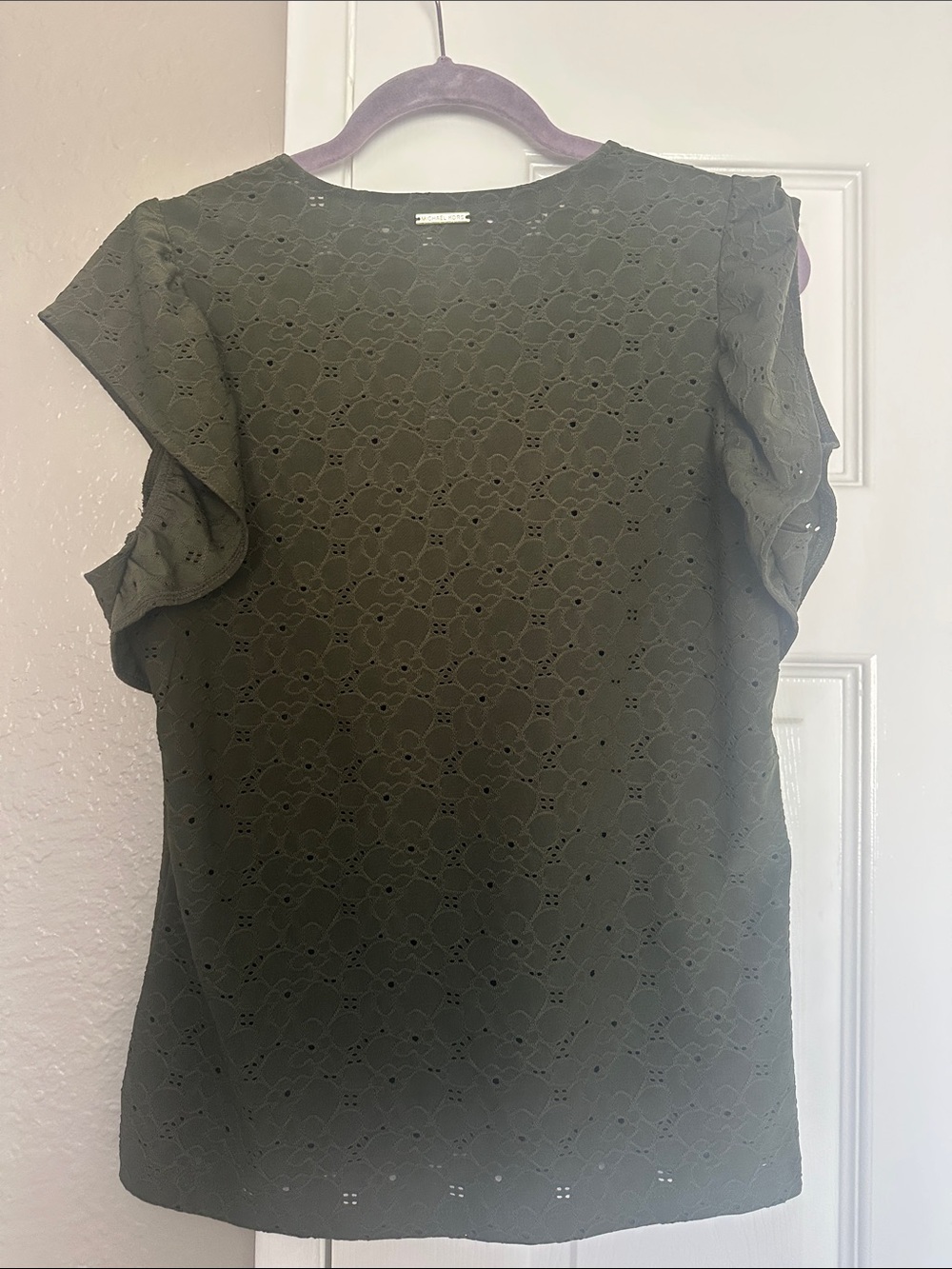 MICHAEL Michael Kors Olive Green Eyelet V-Neck Flutter Sleeve Top - Picture 5 of 6